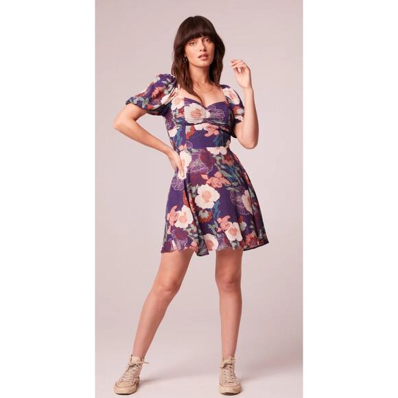 BAND OF THE FREE AIMEE‎ PURPLE FLORAL PUFF SLEEVE MINI DRESS S NEW - Picture 1 of 8